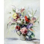 Jane Ancona, still life study of flowers in a jug, oil on board, signed and dated '82 lower right,