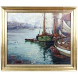 Collection of paintings to include an oil on canvas of sailing boats in a harbour, indistinctly
