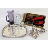 Group of glassware including water jugs, sherry glasses, as well as silver-plated tray, model