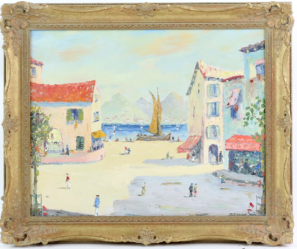 'Puerto del Sol' seaside town scene, oil on canvas, signed indistinctly I.R.Evan, titled verso, 39 x