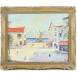 'Puerto del Sol' seaside town scene, oil on canvas, signed indistinctly I.R.Evan, titled verso, 39 x