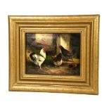 Late 19th / early 20th century farm yard view with three chickens, signed with initials C M 22cm x