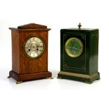 Oak mantle clock with French drum movement, H27cm W19cm, together with a green painted clock with