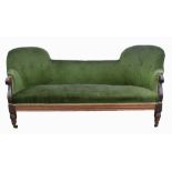Victorian rosewood framed sofa with carved scroll arms on turned supports and castors, 170cm wide