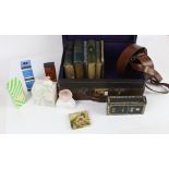 Leather case, Sam Brown belt, collection of books, compacts and perfumes