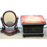 Piano stool with velvet lined interior, H33 x W60 x D50cm, together with a mahogany dressing table