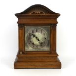 Early 20th century walnut cased twin train mantel clock and three other clocks, (4),