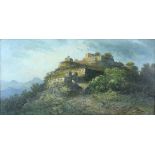 19th century Italian school landscape with ruin, indistinct signature, oil on canvas 40cm x 80cm