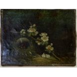 Oil on canvas of bird's nest with eggs and a branch with flowers, indistinctly signed lower right,