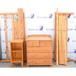 5ft modern solid pine frame bed with bedside cupboard and a pine chest, two small over two long
