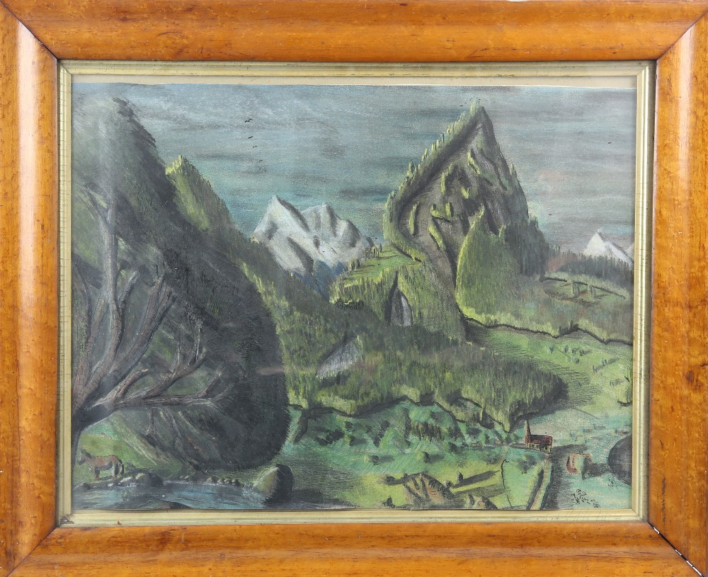 Naive landscape with church and Donkey to the foreground, oil on paper, appears unsigned 42cm x 56cm - Image 2 of 4