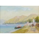 J Holland, 'By the Shore of Lake Como', watercolour and gouache, signed, inscribed on the reverse,