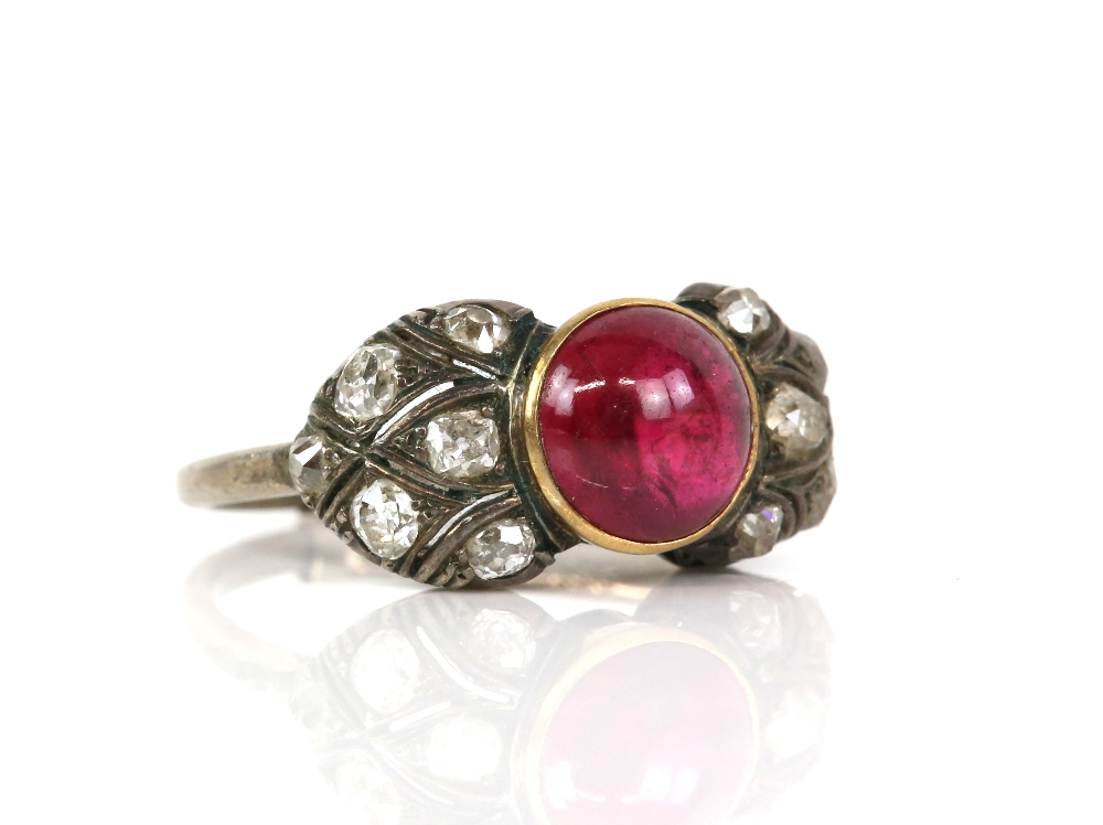 Old cut diamond and synthetic ruby ring; featuring a central circular cabochon cut synthetic ruby, - Image 6 of 6