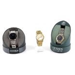 Three Citizen watches, including two Citizen Eco-Drive wrist watches, black dial with baton hour