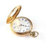 A half hunter 9 ct gold pocket watch, the white enamel dial with black Arabic numeral hour markers