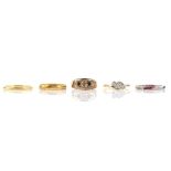 Five rings; one court band, in 22 ct, ring size N; another similar wedding band, 18 ct, ring size Q;