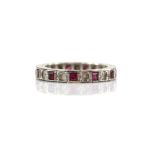 1930's synthetic ruby and paste full eternity ring, with square cut synthetic rubies and round cut