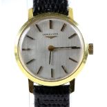 A Longines Ladies wrist watch  the silvered signed dial with baton hour markers and black and