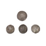 Four (4) British hammered silver coins, comprising a shilling of Charles I, 5.8 g, mm tun (1636-38