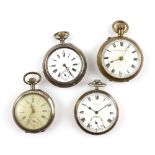Four pocket watches: a Komet keyless wind pocket watch, enamel dial with Roman numerals,