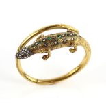 Victorian Lizard bangle, set with rose cut diamonds, square cut emeralds, and cabochon cut garnet