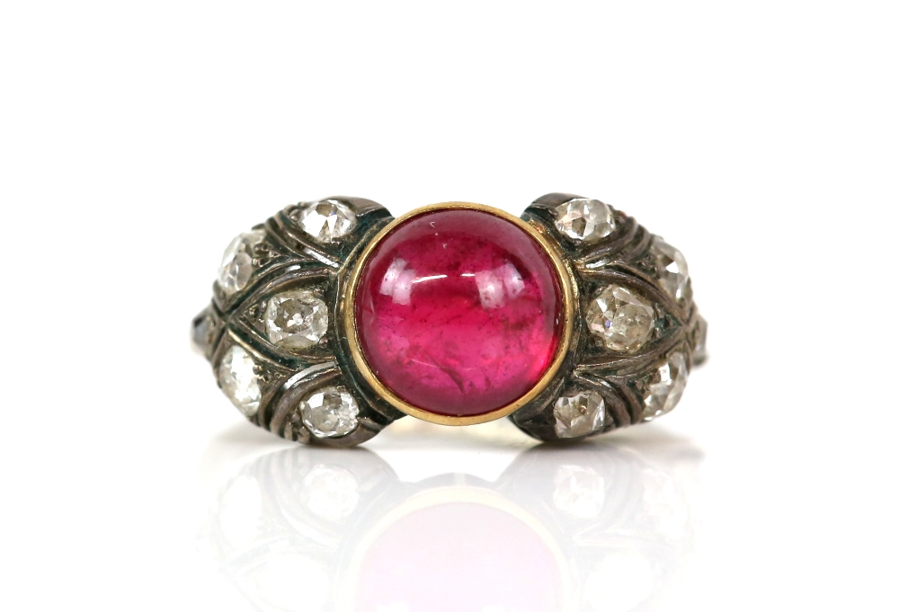 Old cut diamond and synthetic ruby ring; featuring a central circular cabochon cut synthetic ruby, - Image 2 of 6