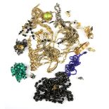 Selection of vintage costume jewellery, including gold-tone necklaces and brooches, an enamel and