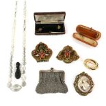 Mixed group of items, including floral stick pin in fitted box, testing as 18 ct with 9 ct pin, a