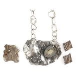 Large Modernist silver necklace with geode-set pendant and silver chain, London 1990 and matching