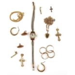 Mixed group of gold items, diamond set pair of drop earrings, three pairs of hoop earrings, filigree