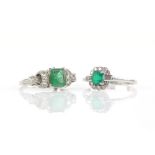 Emerald and diamond Art Deco style cluster ring in platinum, ring size M, and similar emerald and
