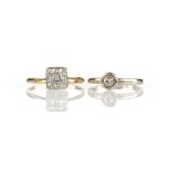 Two diamond rings; 1930's nine stone diamond cluster ring, set with old single cut diamonds, stamped