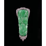 Art Deco carved jade and diamond clip, central jade panel carved with plum motif, terminations