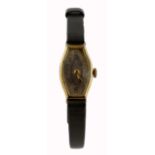 1930's gold wrist watch, Arabic markers, cream face, yellow metal hands, case marked with London