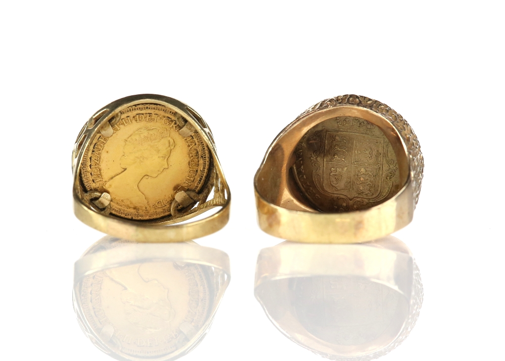 Two coin set rings, one set with a 1982 half sovereign, ring size Z and another similar with a - Image 2 of 2