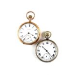 Waltham open faced pocket watch, enamel dial with Roman numerals, subsidiary dial and minute