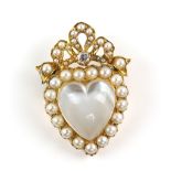 Old cut diamond, pearl and moonstone heart brooch; central heart-shaped moonstone surrounded by a