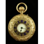 18 ct gold ladies half hunter pocket watch, hallmarked London 1901, blue Roman numerals to front