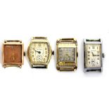 Four Art Deco style watches including a Bulova with square dial, 17 jewel movement, Elgin, Bremen,