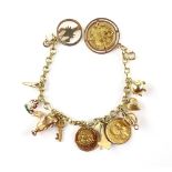 Gold charm bracelet, tested 14 ct link bracelet with thirteen charms, comprising an Austrian 14 ct
