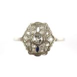 Art Deco, Austrian, sapphire and diamond ring, designed as a hexagonal plaque, with a central old