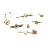 Selection of jewellery comprising a circular floral bar brooch, marked as 18 ct and pin testing as