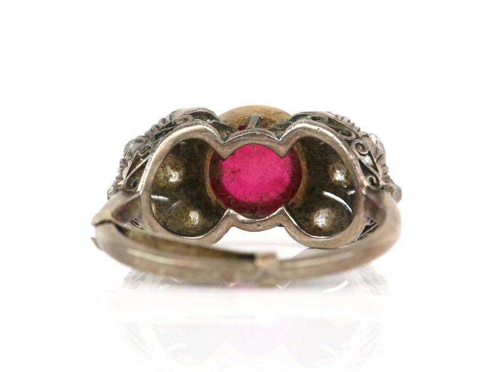 Old cut diamond and synthetic ruby ring; featuring a central circular cabochon cut synthetic ruby, - Image 5 of 6