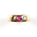 Late 19th C synthetic ruby and diamond ring, central cushion cut ruby, and an old cut diamond, rub-