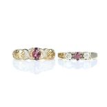 Two rings; three stone ruby and CZ ring, set in 9 ct gold, hallmarked Birmingham 1982, together with