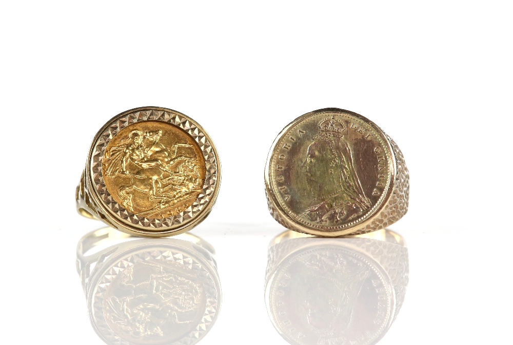 Two coin set rings, one set with a 1982 half sovereign, ring size Z and another similar with a