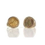 Two coin set rings, one set with a 1982 half sovereign, ring size Z and another similar with a