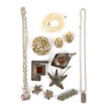 A group of costume jewellery including silver items comprising of a chain necklace, three