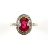 Synthetic ruby and white sapphire oval cluster ring, oval faceted 2.48 carat synthetic ruby