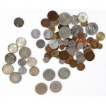 A small collection of late pre-decimal British coinage and minor foreign coins, including £5 crown